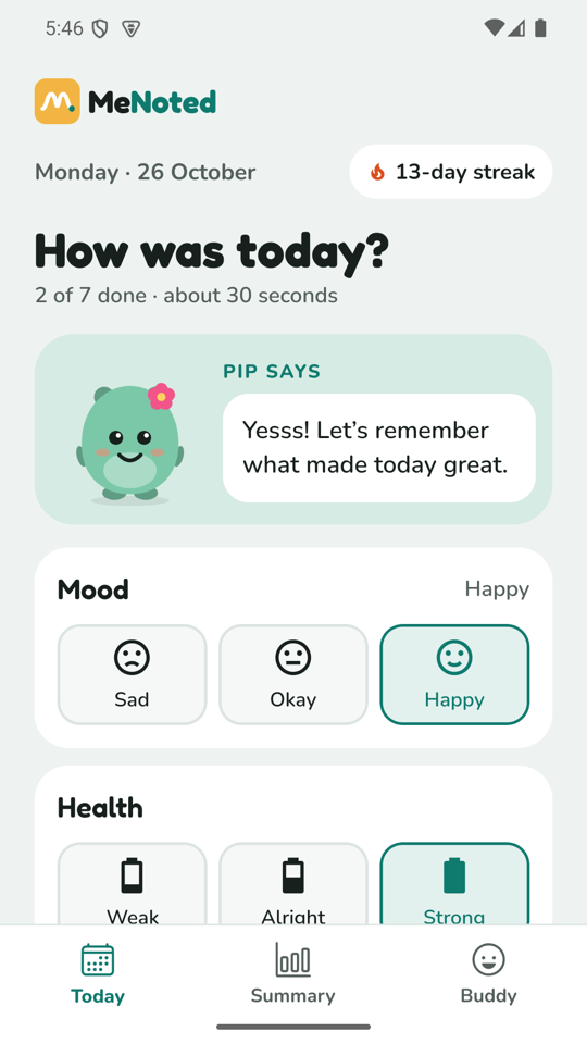 MeNoted daily check-in screen with mood, health and feeling choices